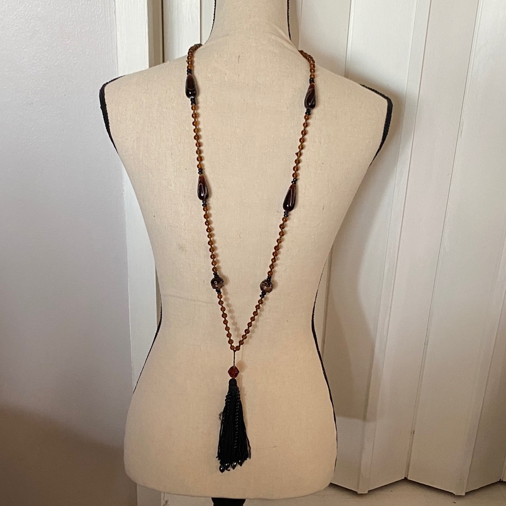 Glass Beaded Tassel Necklace in Brown and Black